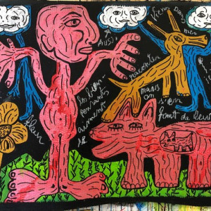Les-bien-pensants-aiment-se-raconter-mais-on-sen-fout-de-leurs-histoires...-acrylique-sur-carton-demballage-75x95-cm